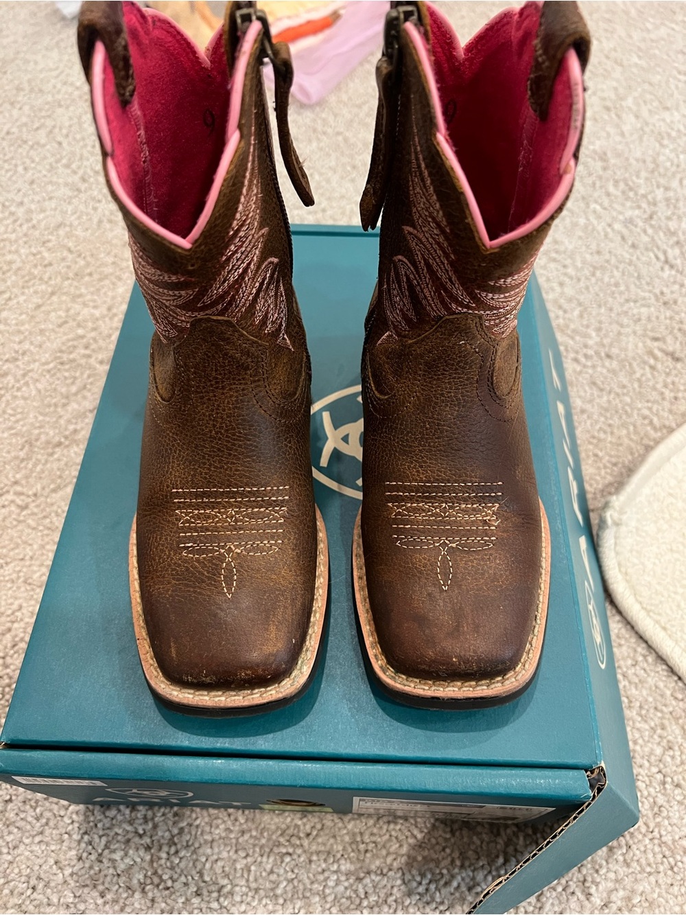 Ariat Brown Kids Western Boots with Pink Lining